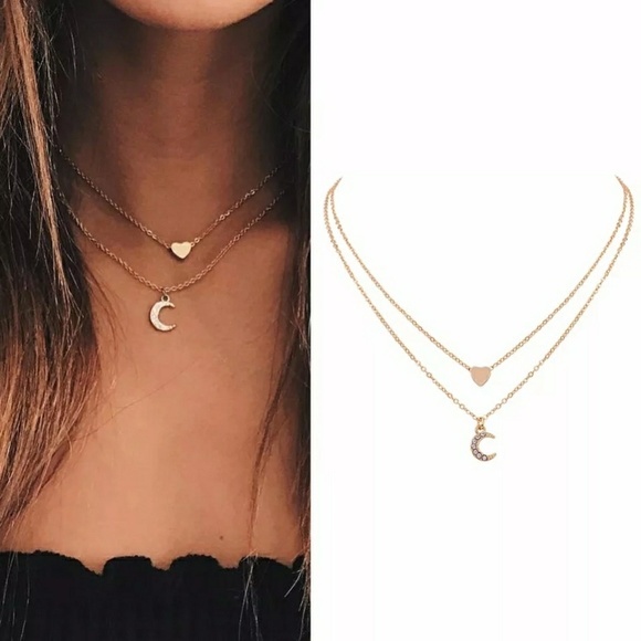 🔆Sale🔆DELICATE  LAYERED HEART & MOON NECKLACE - Picture 2 of 4